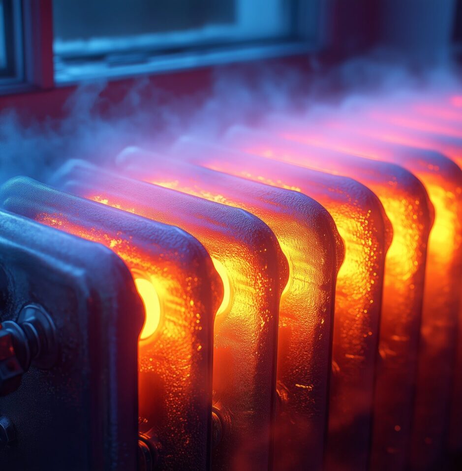 Steaming hot radiator glowing with heat in a cold environment.